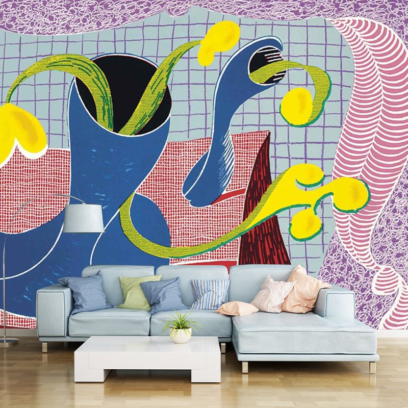 Whole Pop Art Wall Mural Decal Blue-Purple-Yellow Four Flowers in Still Life Wall Covering, Custom-Print