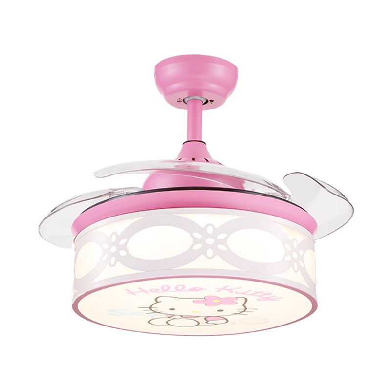 4 Blades Drum Semi Flush Mount Lamp Kinderen Metalen slaapkamer 36 "W LED Hangende hangerslamp in wit/roze met cartoonkattenpatroon, op afstand/muur en afstandsbediening