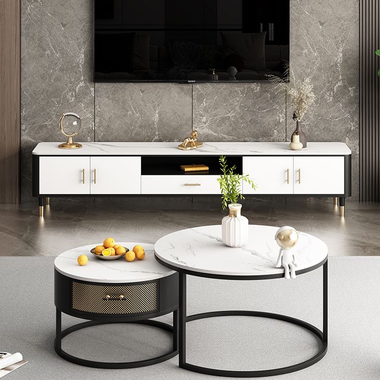 Glam Style TV Stand White Colour Stone TV Console with Open Storage