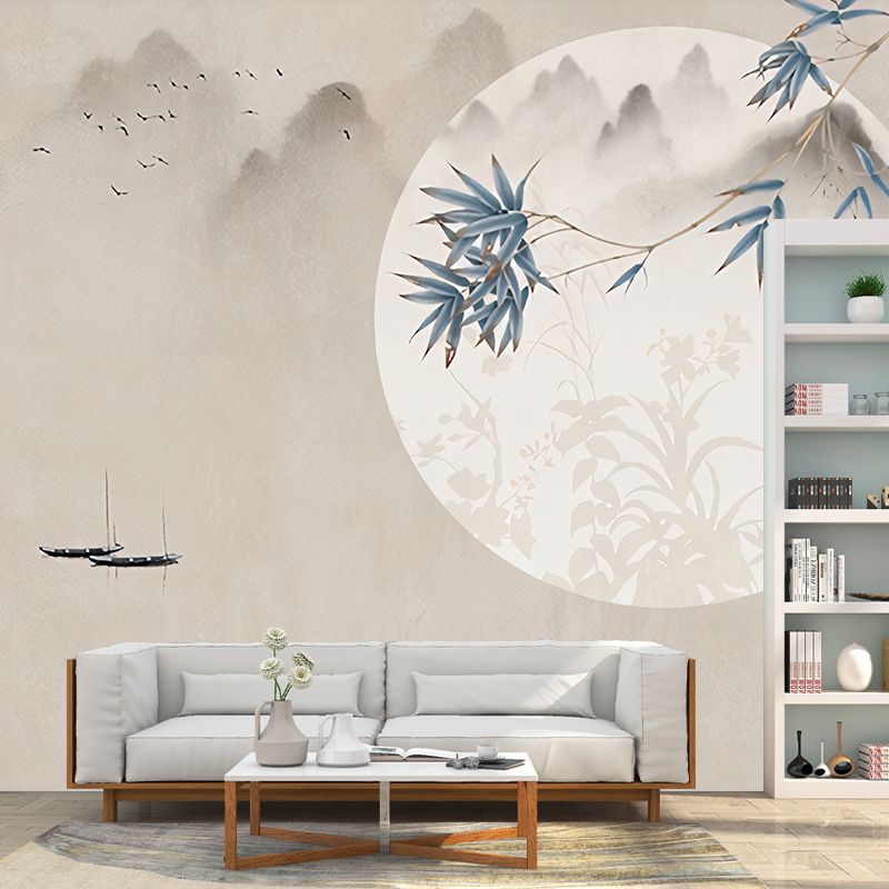 Blue and Brown Bamboo Mural Wallpaper Stain-Resistant Wall Covering for Home Decoration