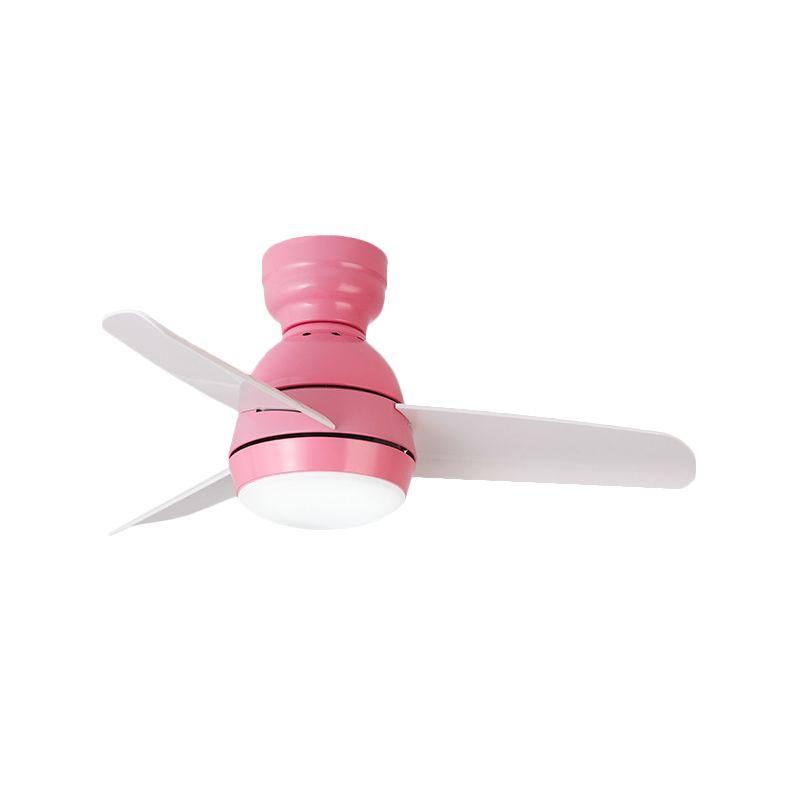 33.5" W LED Ceiling Fan Light Kids Dome Metal Semi Flushmount in Pink/Green/White with 3 White Plastic Blades, Wall/Remote Control