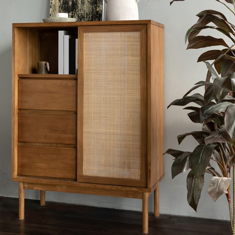 Modern Solid Wood Dining Server Brown 3 Drawers 1 Rattan Door Sideboard