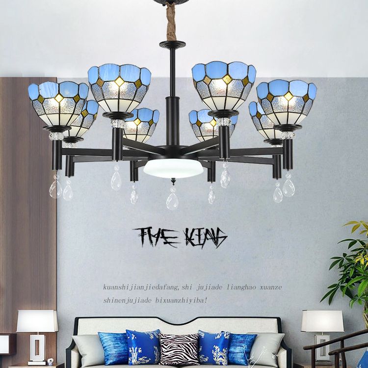 Handcrafted Stained Glass Chandelier Shaded Mediterranean Style Suspension Light for Lobby