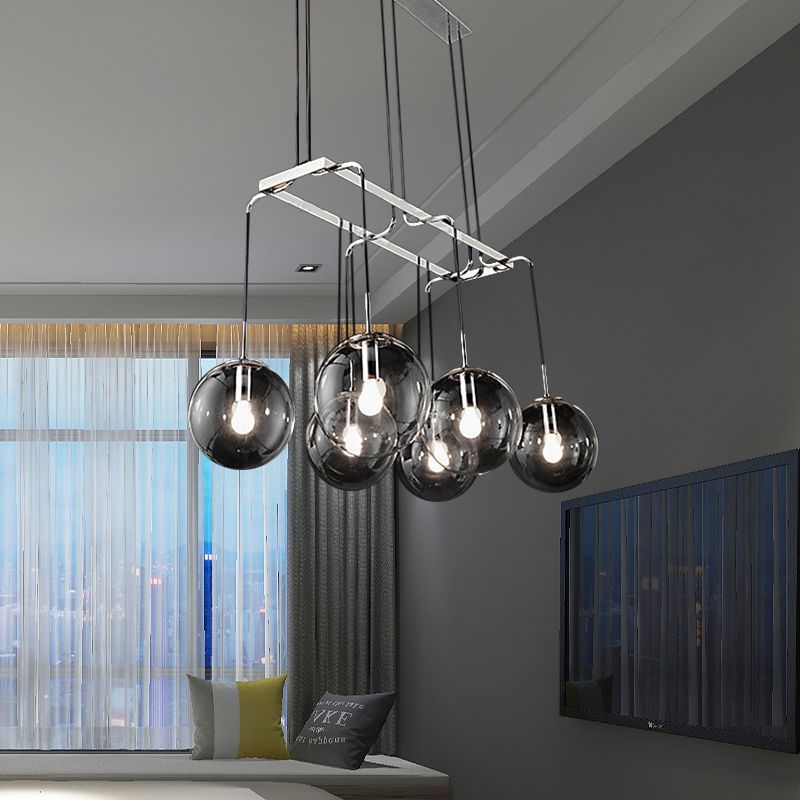 Black Ball Multi Pendant Industrial Clear Closed Glass 6-Light Indoor Hanging Ceiling Light with Linear Canopy