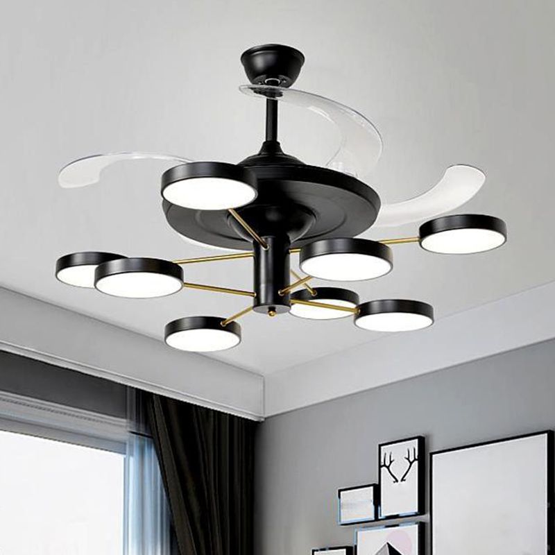 Nordic Round Panel Hanging Fan Lamp Acrylic 6/8 Heads Drawing Room 4-Blade Semi Flush Mount in Black, 42.5" Wide