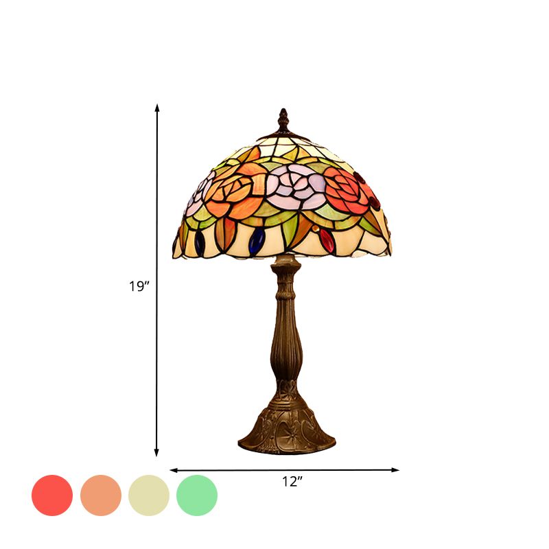 Domed Nightstand Light 1-Bulb Stained Art Glass Baroque Blossom Patterned Night Lighting in Red/Beige/Green