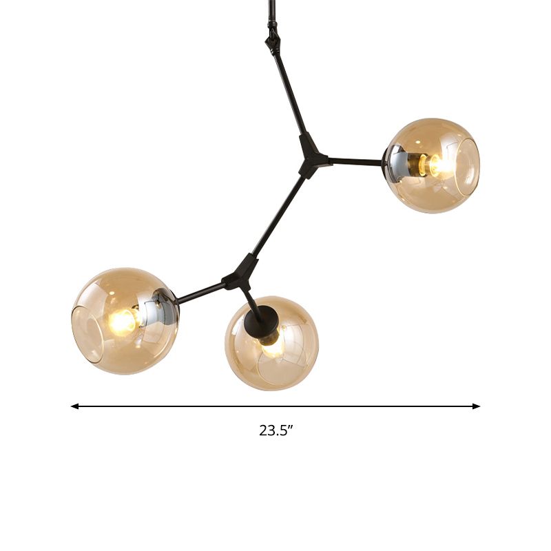 Amber Open Glass Orb Chandelier Living Room 3 Lights Modern Pendant Light in Black