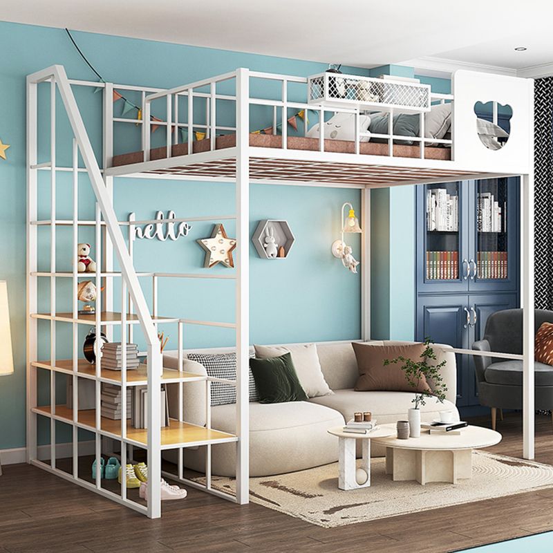 Contemporary Loft Bed in Iron with Guardrail and Staircase/Built-In Ladder