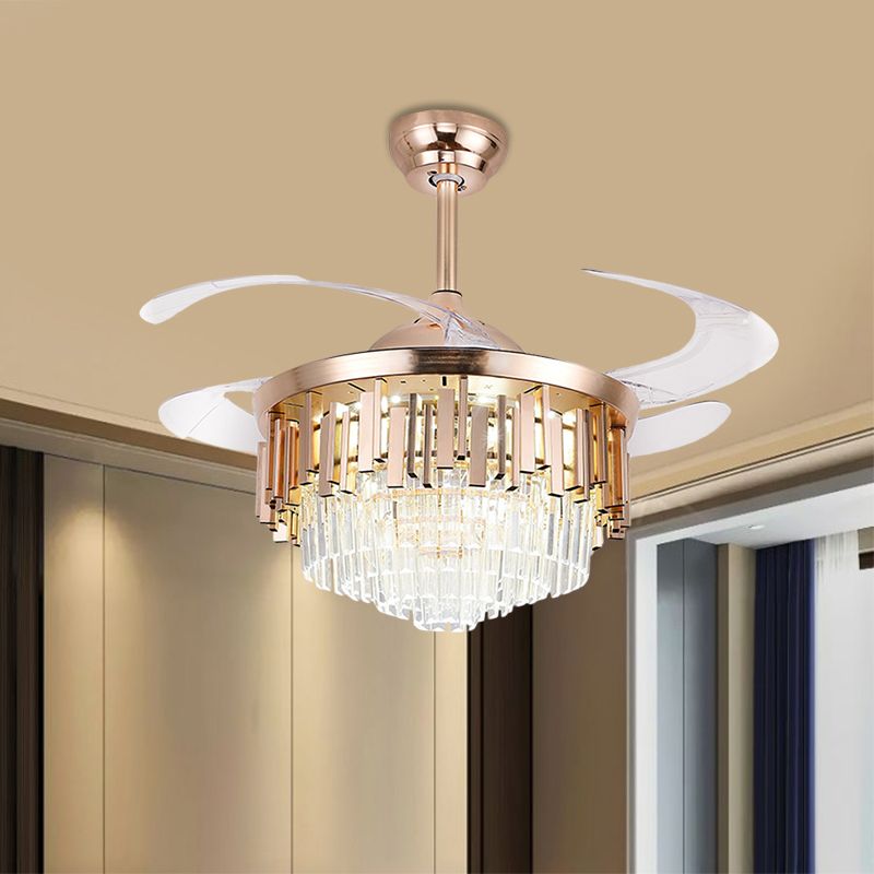 Tiered 4-Blade Semi Flush Mount Light Simple Crystal Rectangle 19" W LED Parlor Pendant Fan Lighting in Gold