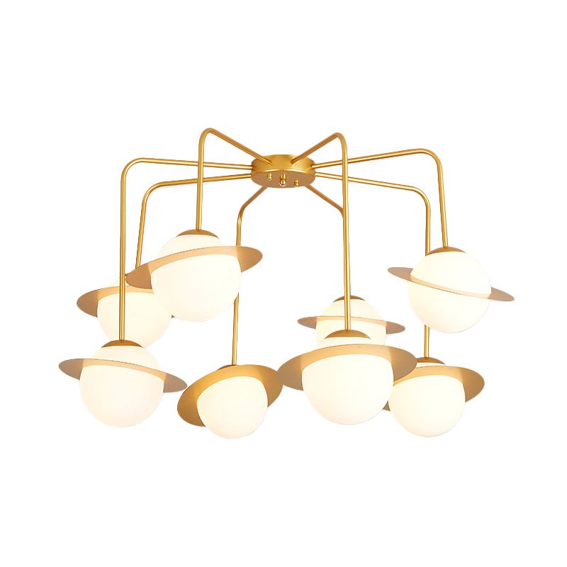 Metal Radial Chandelier Lamp Contemporary 8 Lights Gold/Chrome Led Hanging Ceiling Light Fixture with White Glass Globe Shade