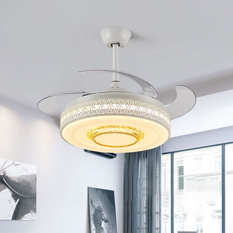 42" Width Modernism Circle Pendant Fan Lamp LED Acrylic Semi Flush Mount Ceiling Light in White with 4 Clear Blades, Remote/Wall Control