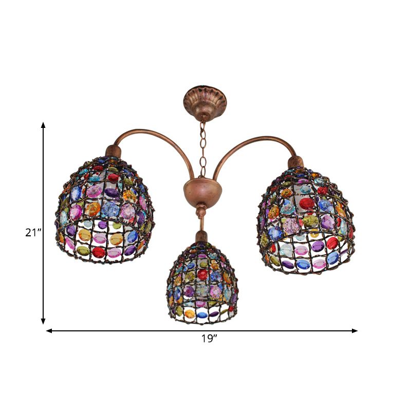 Traditional Dome Chandelier Lighting Fixture 3 Heads Metal Drop Pendant in Bronze for Bedroom