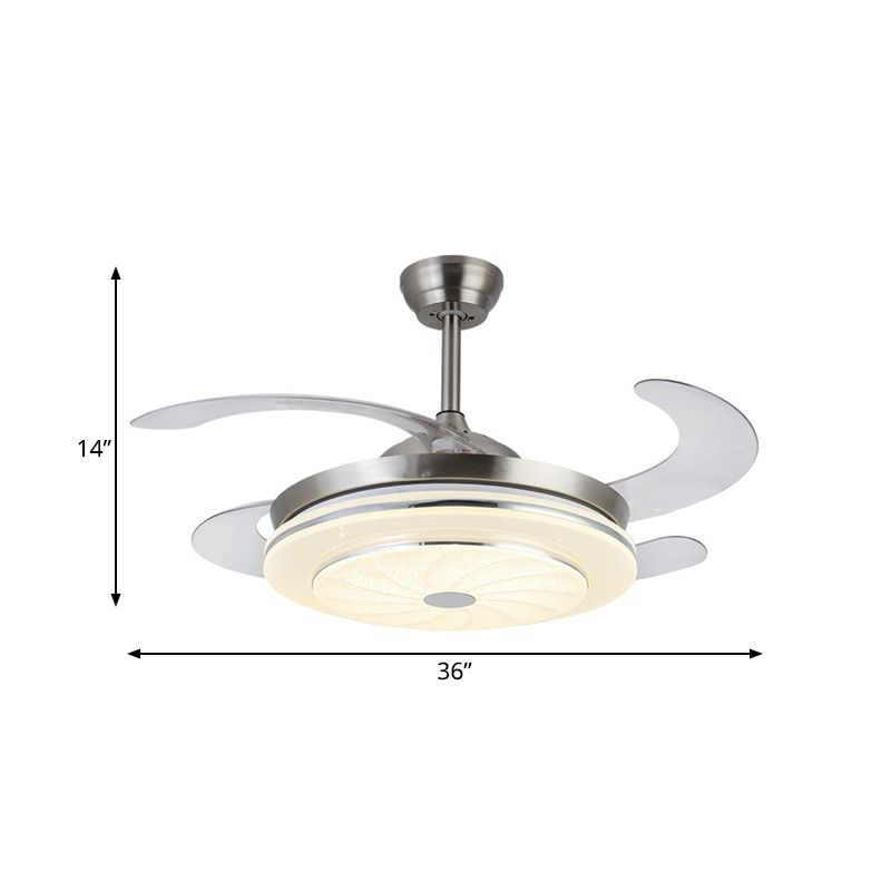 36" W Contemporary Circular Fan Lamp LED Metal Semi Mount Lighting in Silver with 4 Blades for Bedroom, Remote/Wall Control/Remote and Wall Control