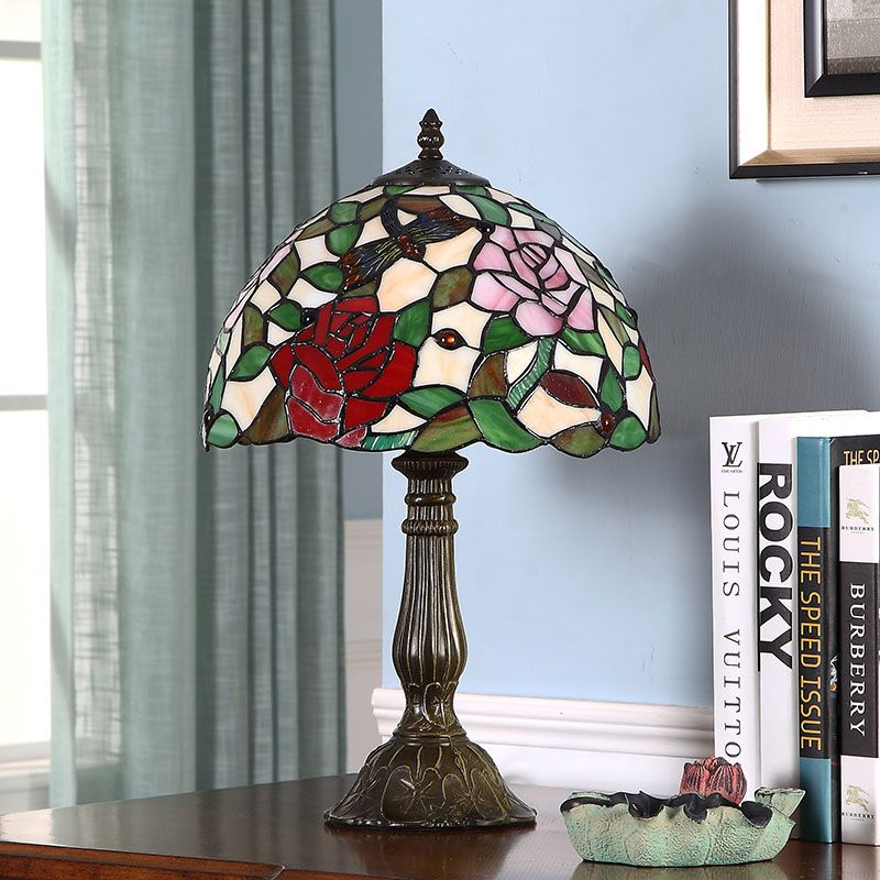 Tiffany Bowl Shade Table Light 1 Bulb Hand-Crafted Art Glass Nightstand Lamp with Rose Pattern in Bronze