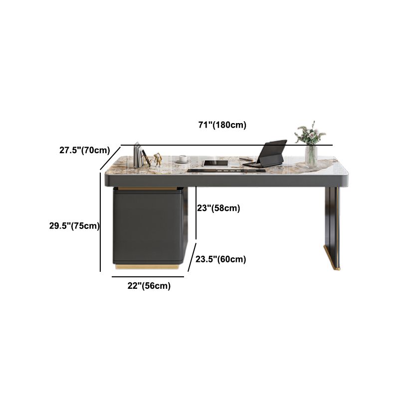 Dark Taupe Writing Desk Drawers Storage Glam Office Desk with Built in Outlets