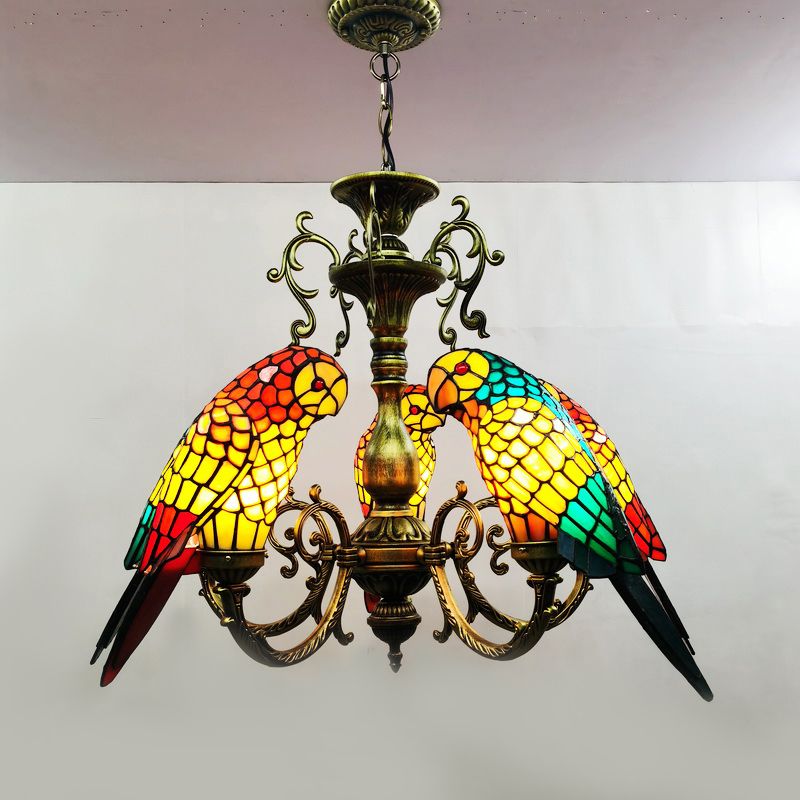 Multicolored Stained Glass Birds Chandelier Pendant Light Tiffany Style Suspension Lighting