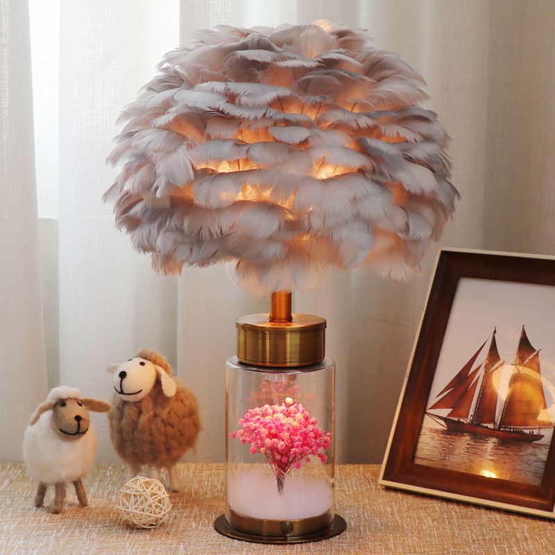 Feather Globe Study Lamp Nordic 1 Bulb Desk Light with Bottle Base and Inner Flower Decor in Grey/White/Pink