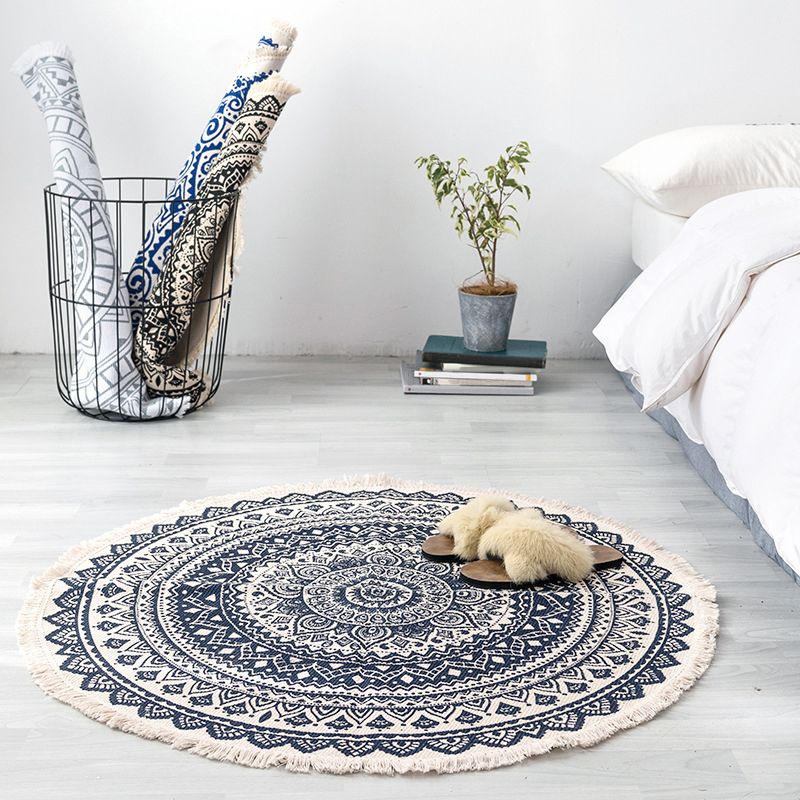 Moroccan Round Rug Hand-Knitted Area Rug with Fringe Soft Cotton Blend Carpet for Home Decor