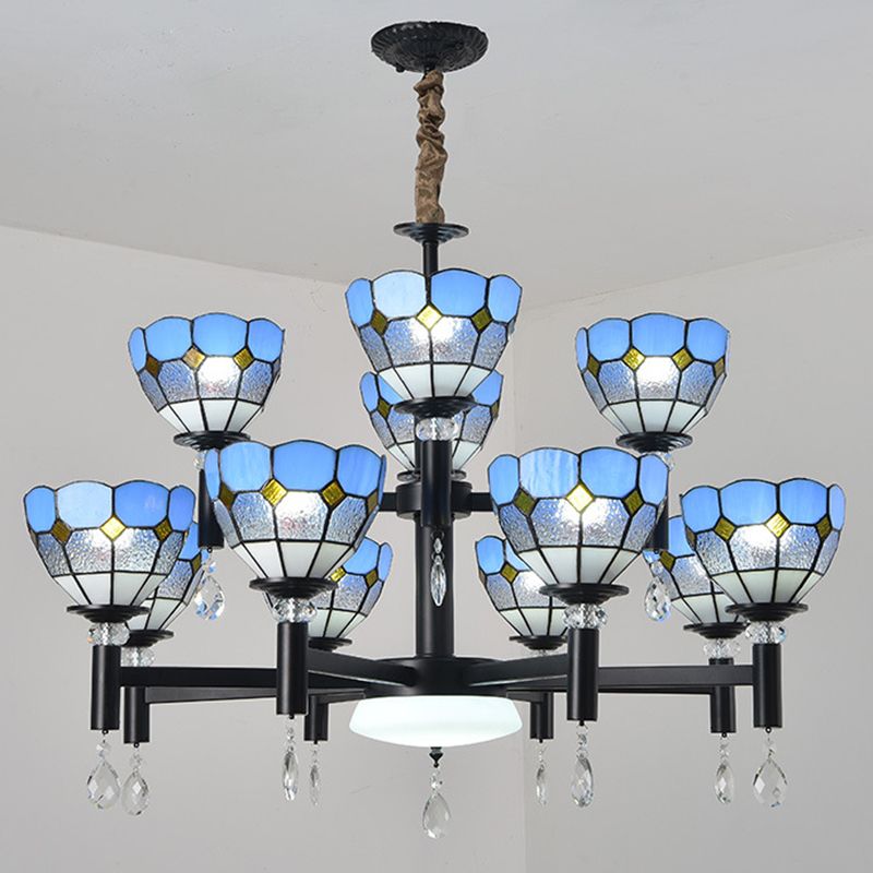 Handcrafted Stained Glass Chandelier Shaded Mediterranean Style Suspension Light for Lobby