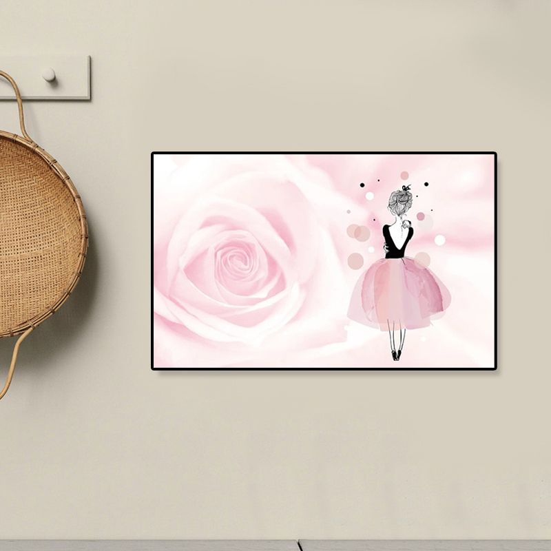 Rose and Ballerina Canvas Glam Trendy Fashion Wall Art Decor in Pink for Bedroom