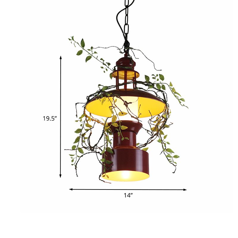 Metal Burgundy Hanging Ceiling Light Drum Shade 1 Light Farm Style Pendant Lamp with Fake Plant