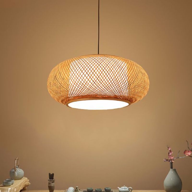 Curved Drum Bamboo Pendant Light Asian Stylish 16"/19.5" W 1 Light Beige Hanging Lamp for Living Room