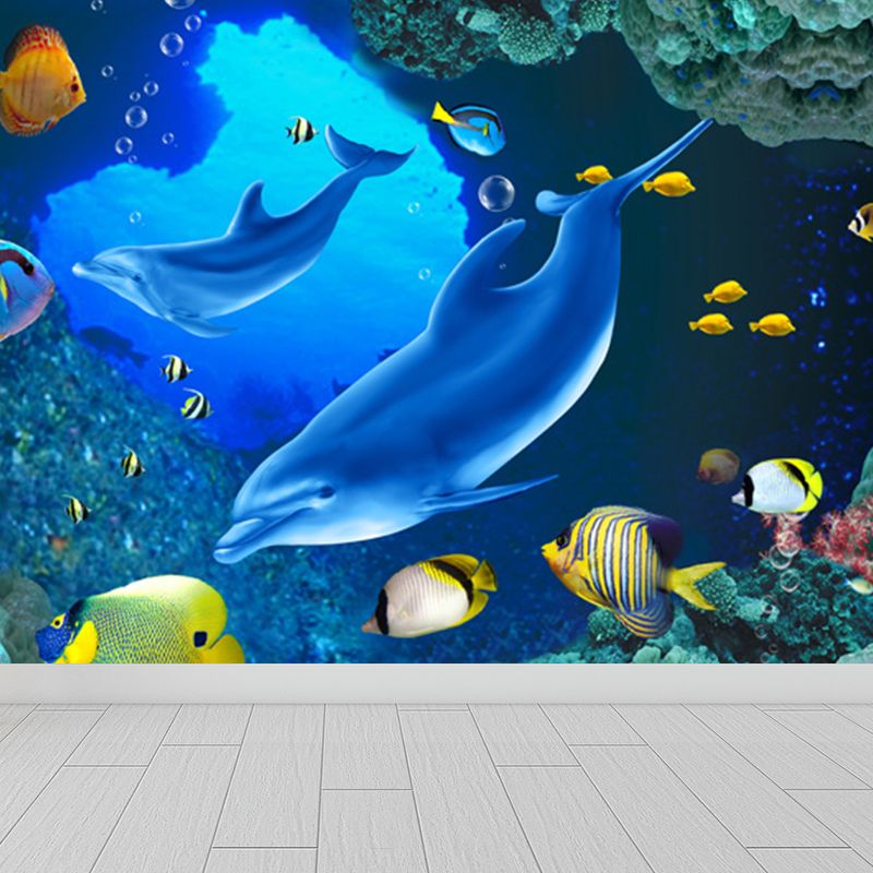 Underwater Scenery Mural Decal Dark Blue Kids Style Wall Covering for Children Room