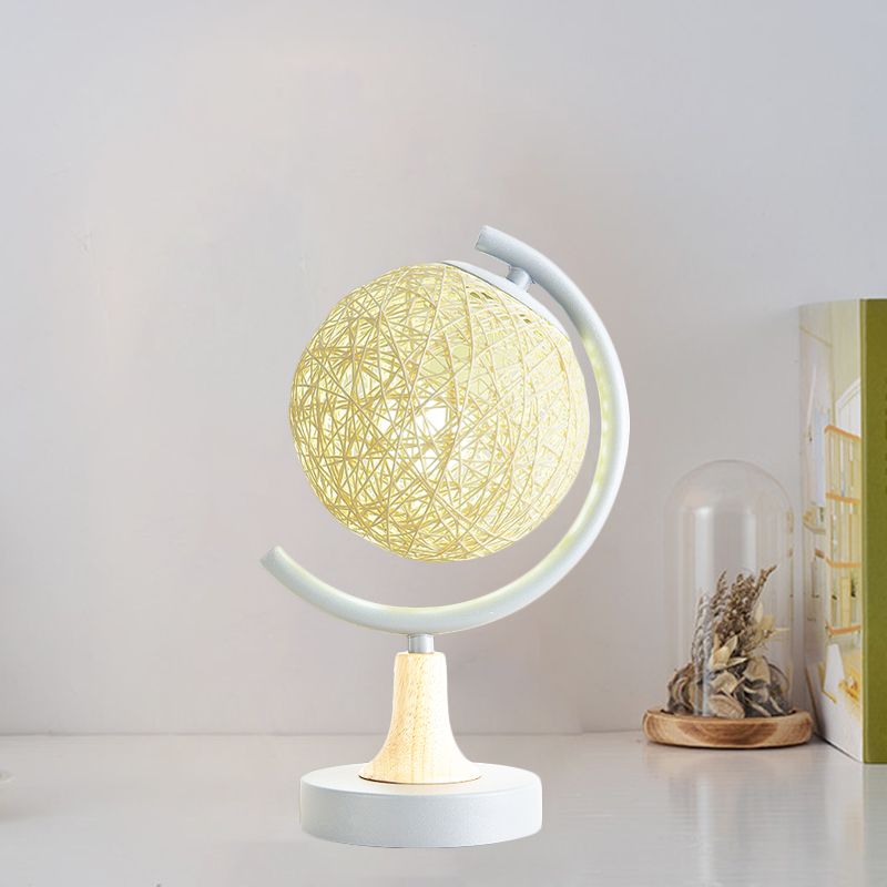 Metallic Globe Nightstand Light Asia Style 1 Light Table Lamp in White/Grey/Green with Rattan Shade