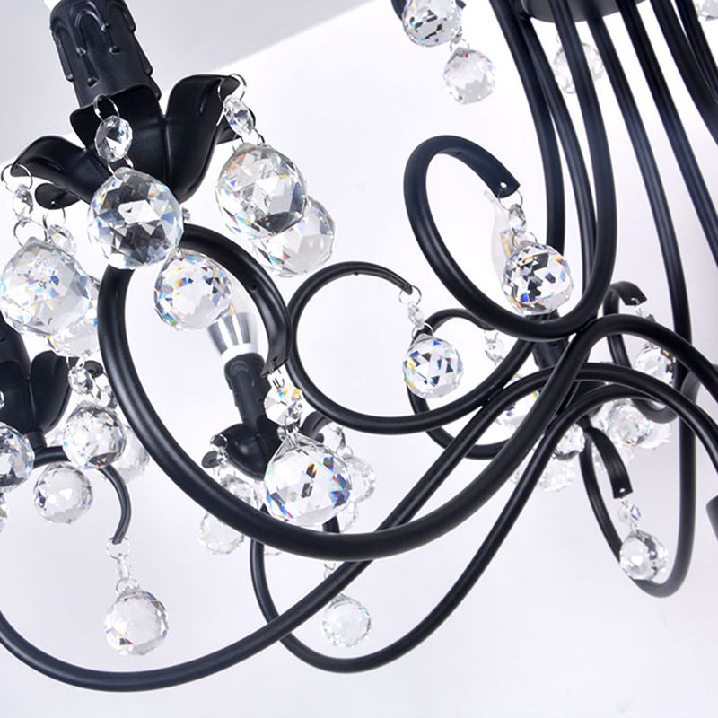 Bent Arm Frame Ceiling Light Vintage 6/8 Lights Black Suspension Light for Living Room with Crystal Drop