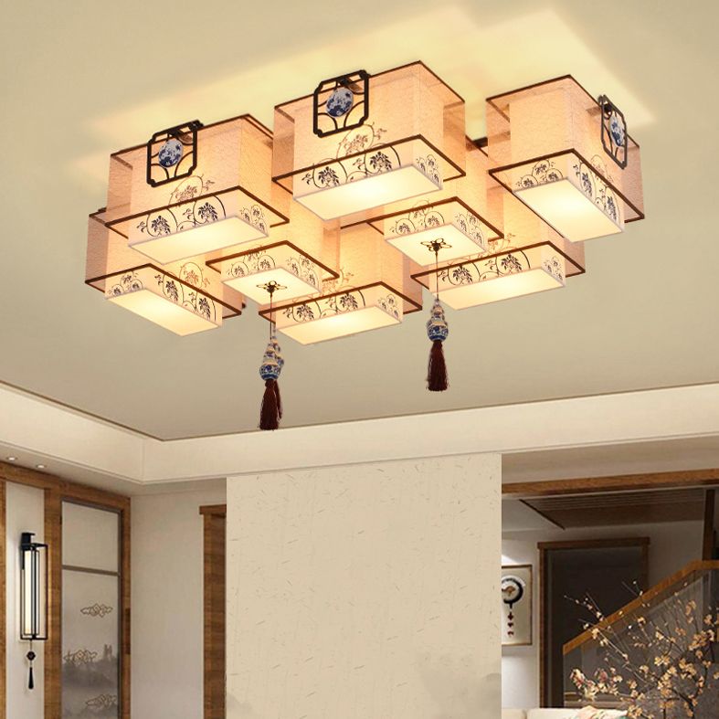 Beige Geometric Semi Flush Mount in Traditional Simplicity Wrought Iron Ceiling Light with Fabric Shade