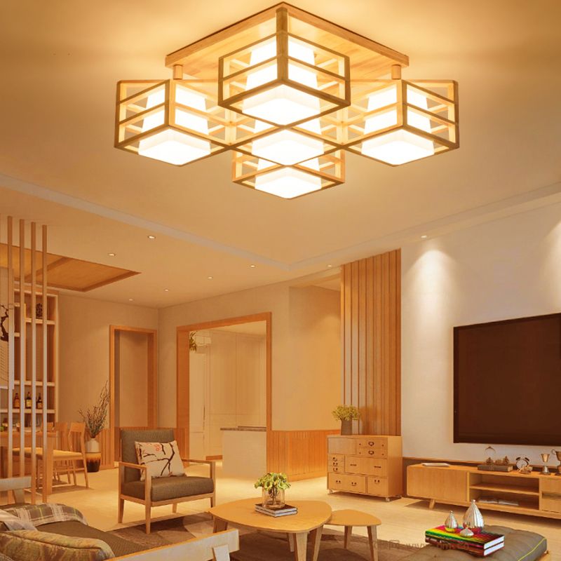 Log Color Geometric Flush Mount in Modern Creative Style Wooden Indoor Ceiling Fixture