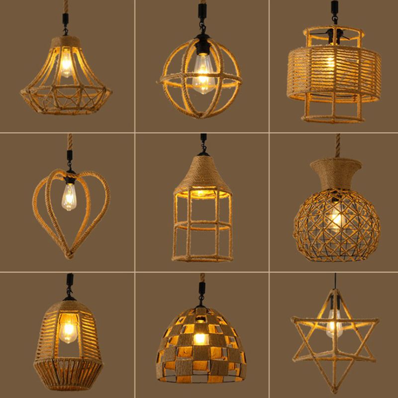 Hemp Rope Caged Hanging Light Vintage Single-Bulb Restaurant Lighting Pendant in Brown