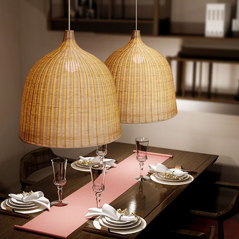 Accesorios de iluminación colgante de campana chino ratán colgando luz con cordón colgante para restaurante