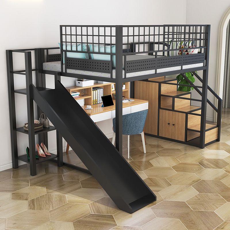 Industrial Style Black / White Loft Bed Iron Kid Bed with Guardrails