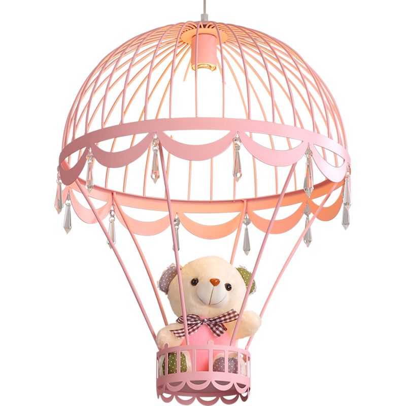 Hot Air Balloon Bedside Ceiling Light Metal Single Cartoon Hanging Lamp with Bear and Crystal Accent