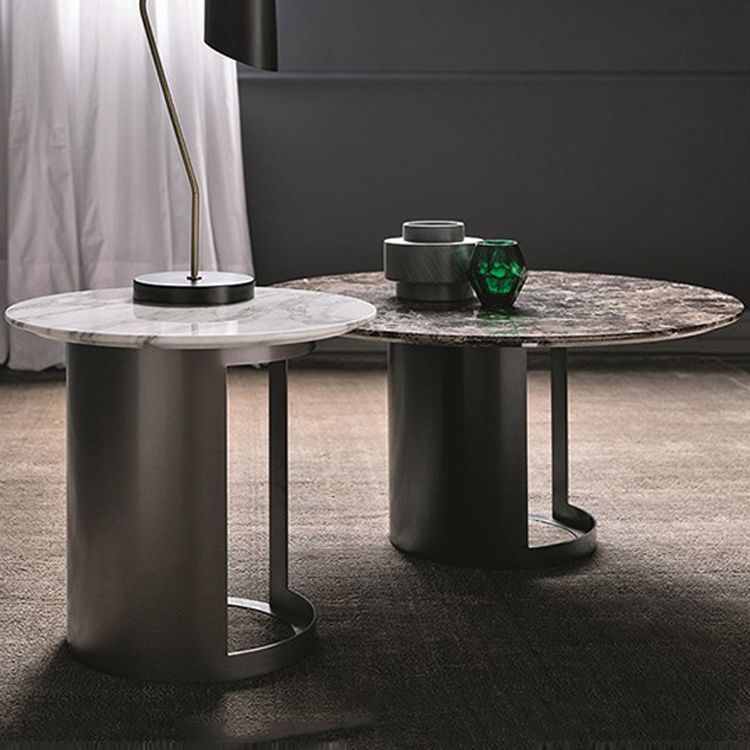 Single Round Pedestal Black Coffee Cocktail Table with Marble Top