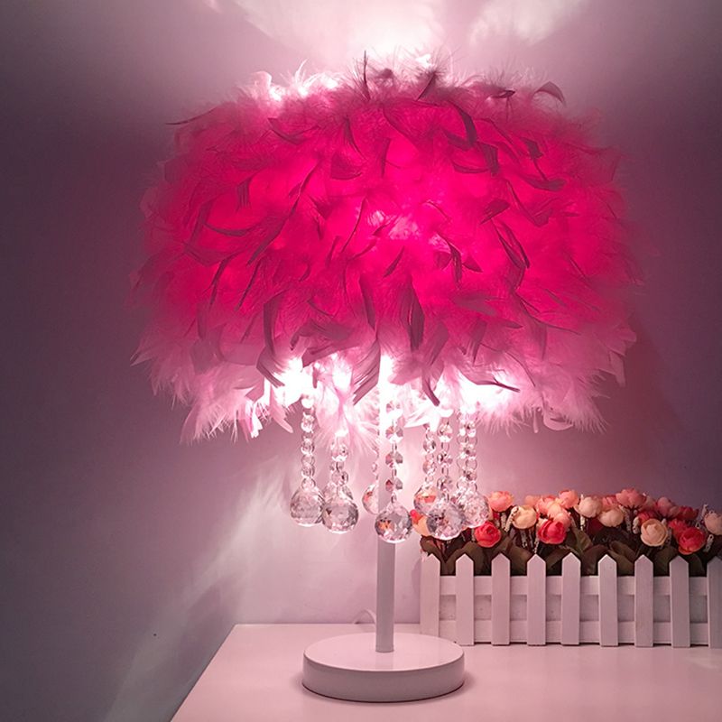 Feather Round Night Stand Lamp Contemporary 1-Bulb Red/Pink/Purple Table Light with Crystal Drop and White/Chrome Base