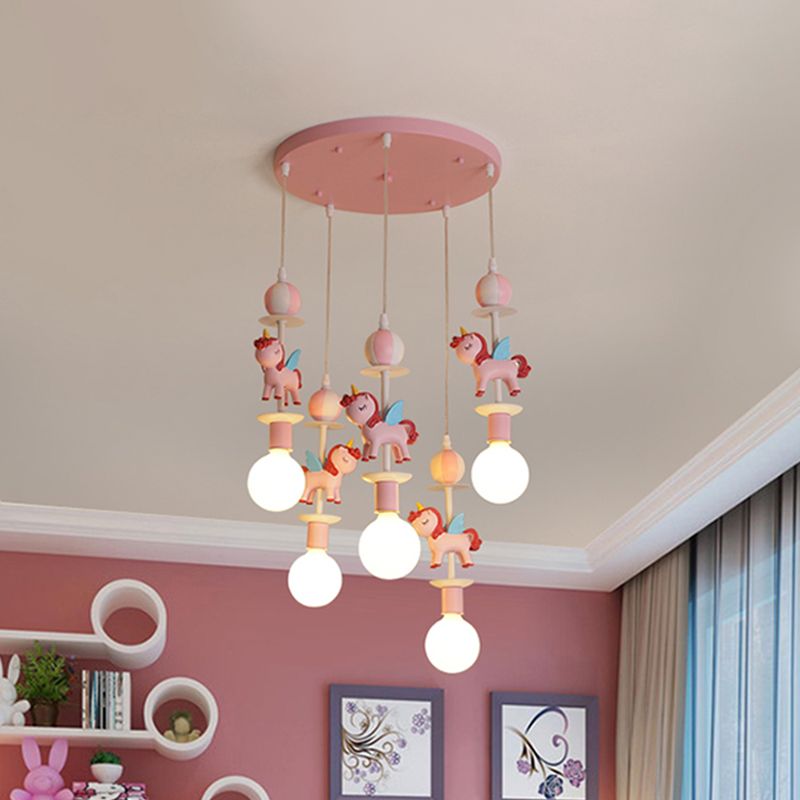 Unicorn Shape Multi Ceiling Light Cartoon Resin 5 Bulbs Pink/Blue Finish Hanging Lamp Kit with Round Canopy