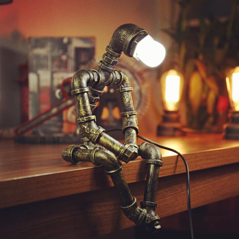 Antique Bronze Sitting Robot Table Lighting Industrial Style Metal 1 Light Bedroom Table Light with Pipe