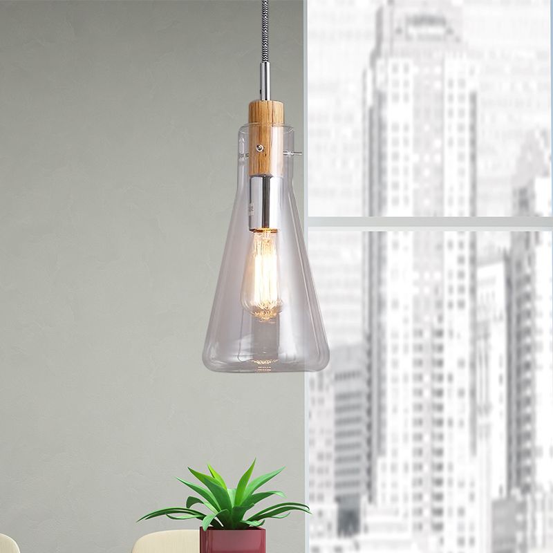 Clear Glass Ellipsoidal/Cone/Bottle Shape Pendant Light Modern 1 Light Hanging Ceiling Lamp in Polished Chrome