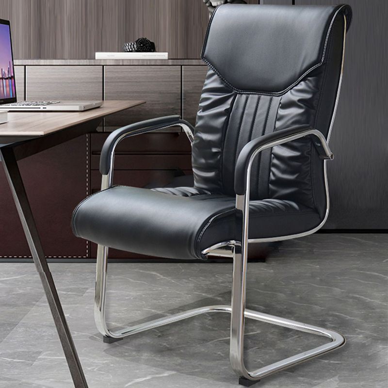 Modern Fixed Arms Office Chair No Wheels Leather Ergonomic Desk Chair