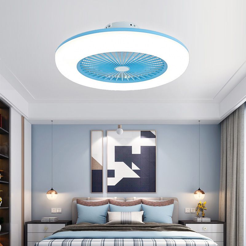 Bedroom LED Ceiling Fan Lamp Macaron Style Semi Flush Light with Circular Acrylic Shade