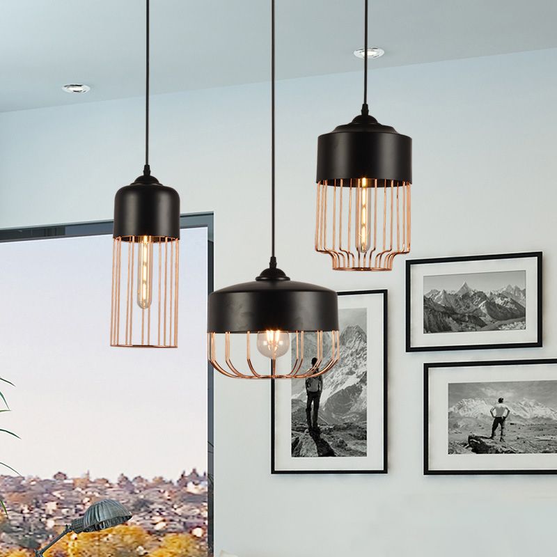 Iron Geometrical Cage Pendant Light Antique 1-Light Dining Salle suspendue Lumière en noir