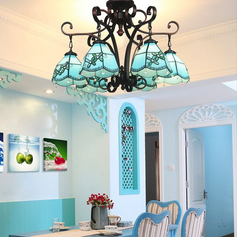 Flower Hanging Chandelier Baroque Hand Cut Glass 6 Lights Blue/Textured Silver Ceiling Lamp for Living Room