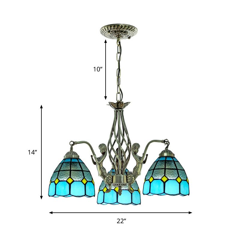 Dome Hand Cut Glass Chandelier Lighting Tiffany 3 Lights Blue Ceiling Lamp