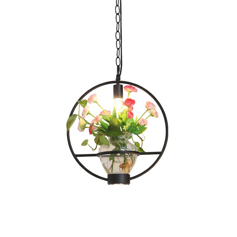 Black 1 Light Down Lighting Industrial Iron Circular/Rectangular Cage Drop Pendant with Clear Glass Plant Pot