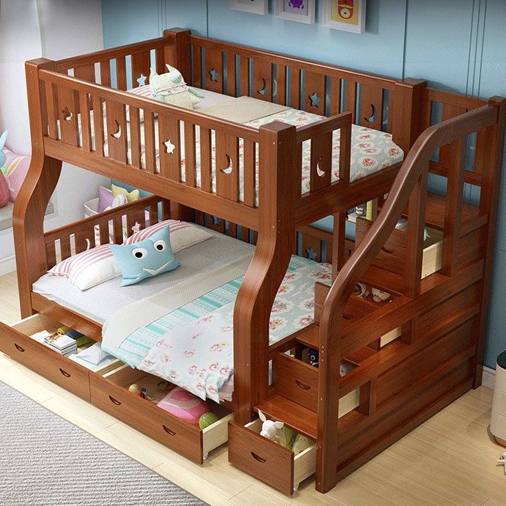 Solid Wood Bunk Bed Gender Neutral Mid-Century Modern Kids Bed with Guardrail