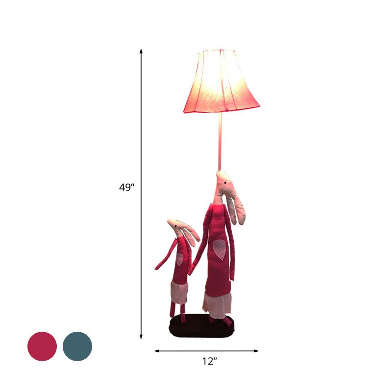 Cartoon 1-Light Floor Lighting Blue/Rose Red Rabbit Mon and Kid Standing Light with Flared Lampshade