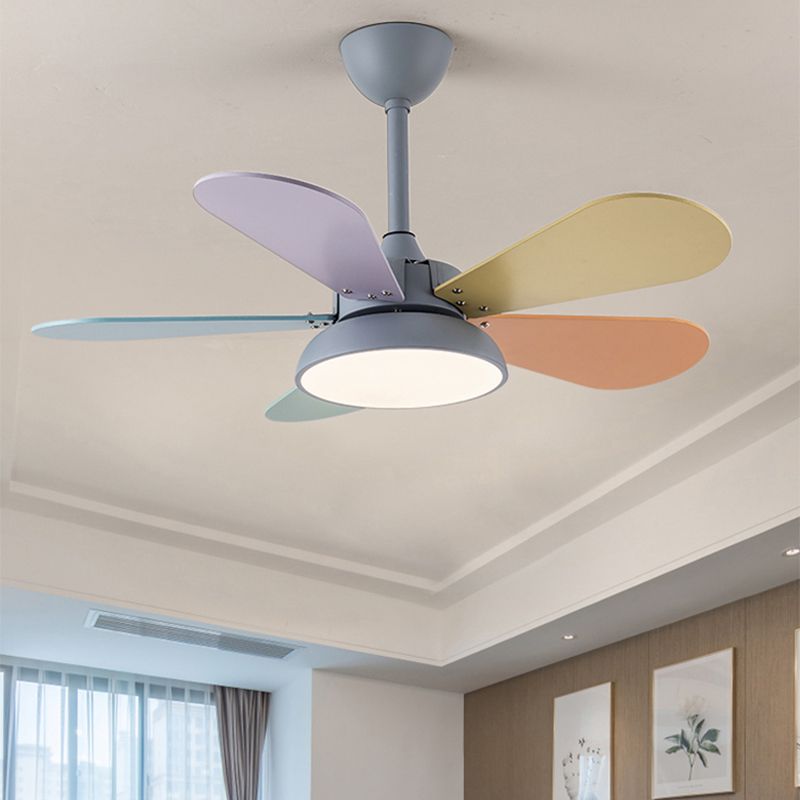 Round Kindergarten Hanging Fan Lighting Metal Macaron Style LED Semi-Flush Mount Ceiling Light