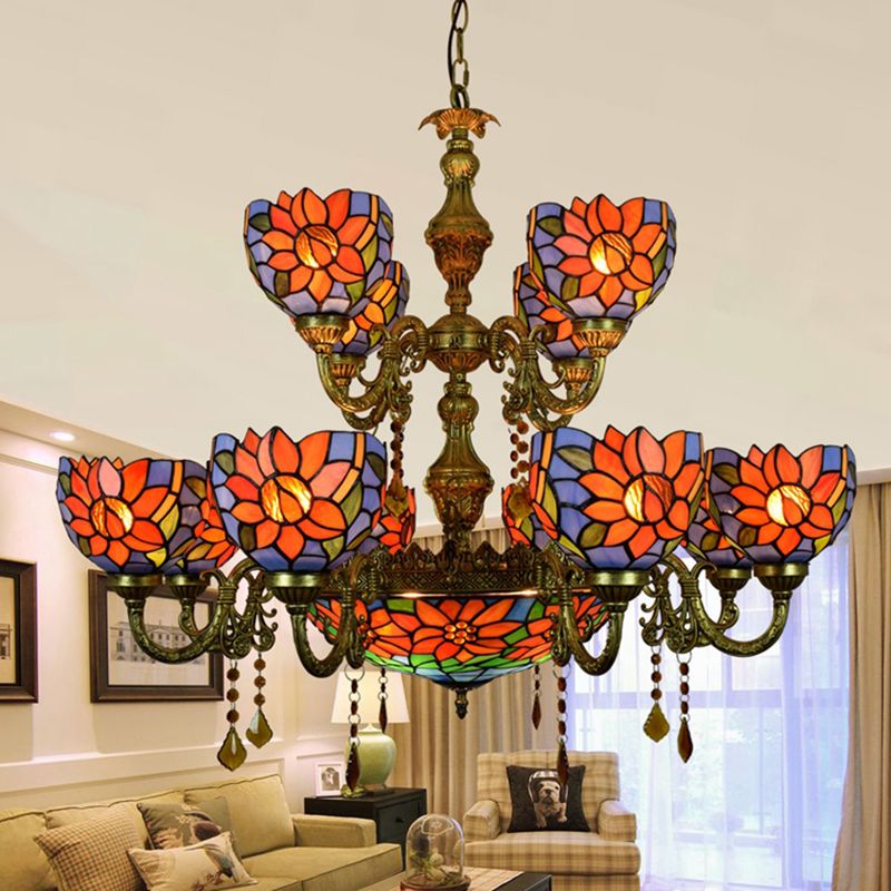 Country Bowl Hanging Light Treated Verre 15 têtes Chandelier en bleu orange pour le salon